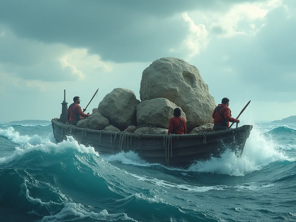 The sea was merciless, waves crashing against the makeshift raft as the travelers clung to their massive limestone cargo. Each stone was a treasure, carved with secrets of the past, but the ocean cared nothing for history. The wind howled, the tide pulled,...