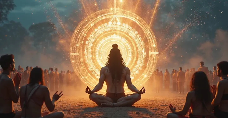 "A powerful and hyper-realistic image of Lord Shiva sitting in meditation, surrounded by a vibrant, divine aura of light and energy. The aura pulses with waves of golden and blue light, casting intricate shadows on the ground. The scene is filled with devo...