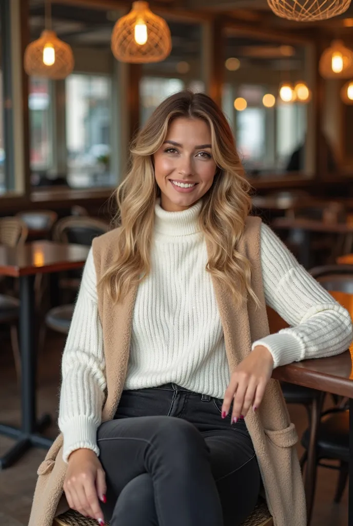 Une jeune femme indienne blanche de peau avec un sourire et des fossettes, vêtue d'un pull col roulé blanc et d'un long gilet beige avec un jean slim noir, assise sur une chaise dans un restaurant chic