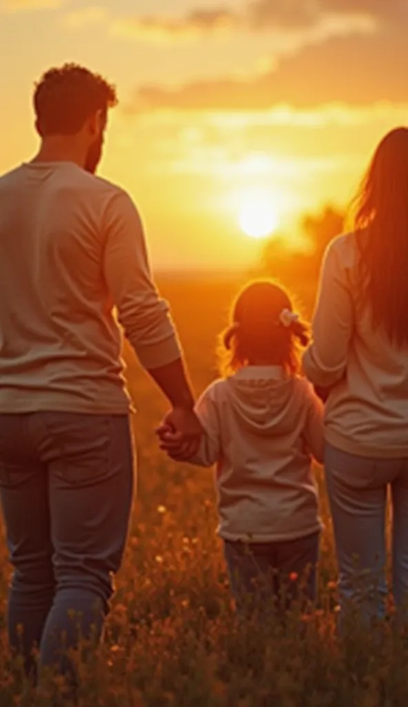 A family gathered at sunrise, holding hands in prayer, expressing gratitude. The sun rises behind them, creating an atmosphere of peace and renewal. The setting is warm and comforting, symbolizing God's protection and presence in their home