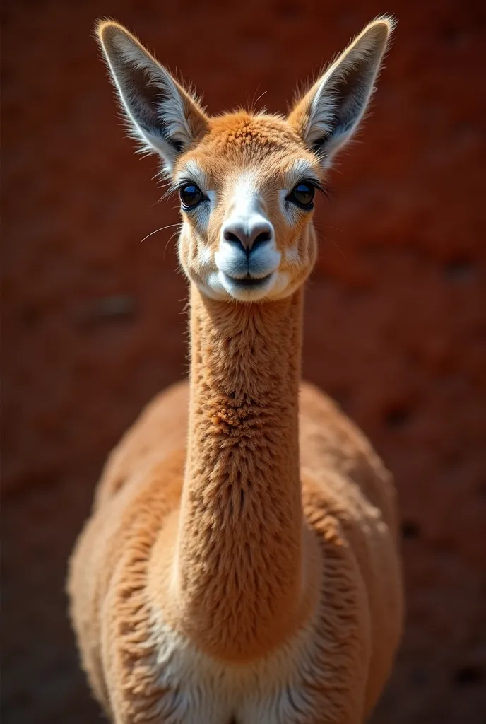 Vicunha 4k looking out in front of the camera on a red brown background 