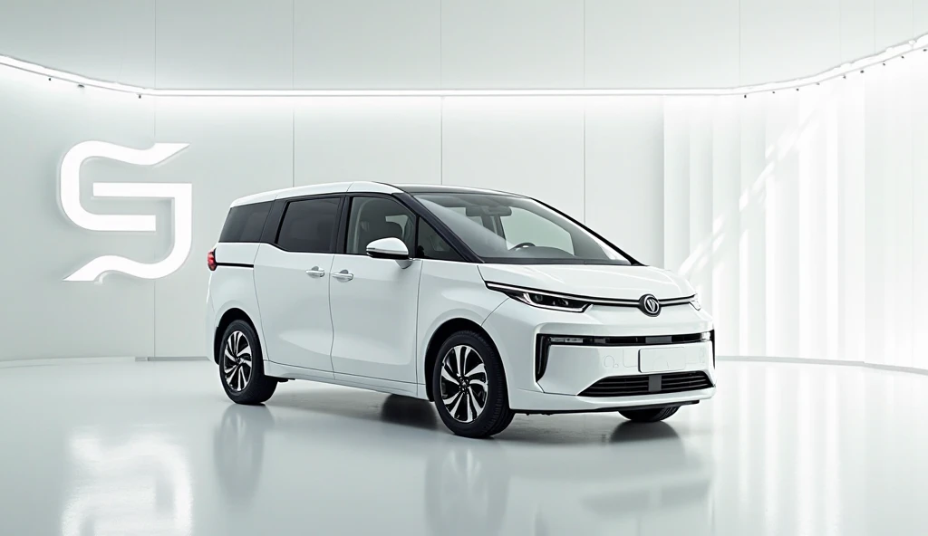 "A sleek, retro-style  white minivan with a boxy design, parked indoors in a modern showroom with bright lighting. The van has a black grille, rectangular headlights, tinted windows, and alloy wheels. The body is  old boxy well-maintained with a glossy fin...