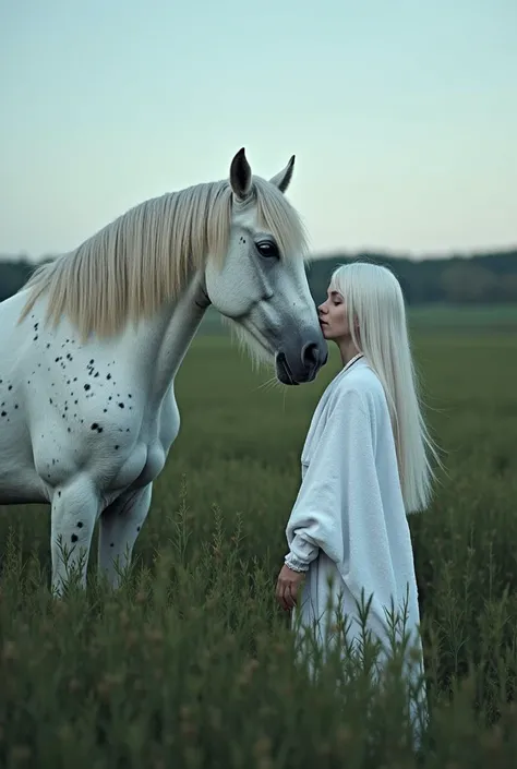 A gray-haired albino girl in the countryside facing a spotted white horse and looking head-to-head with white long straight white hair and eyes closed with white eyelashes, The background is a dark green field with a clear blue sky with no clouds. is a pic...