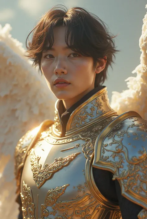 An angel man in armor with the face of V from BTS 