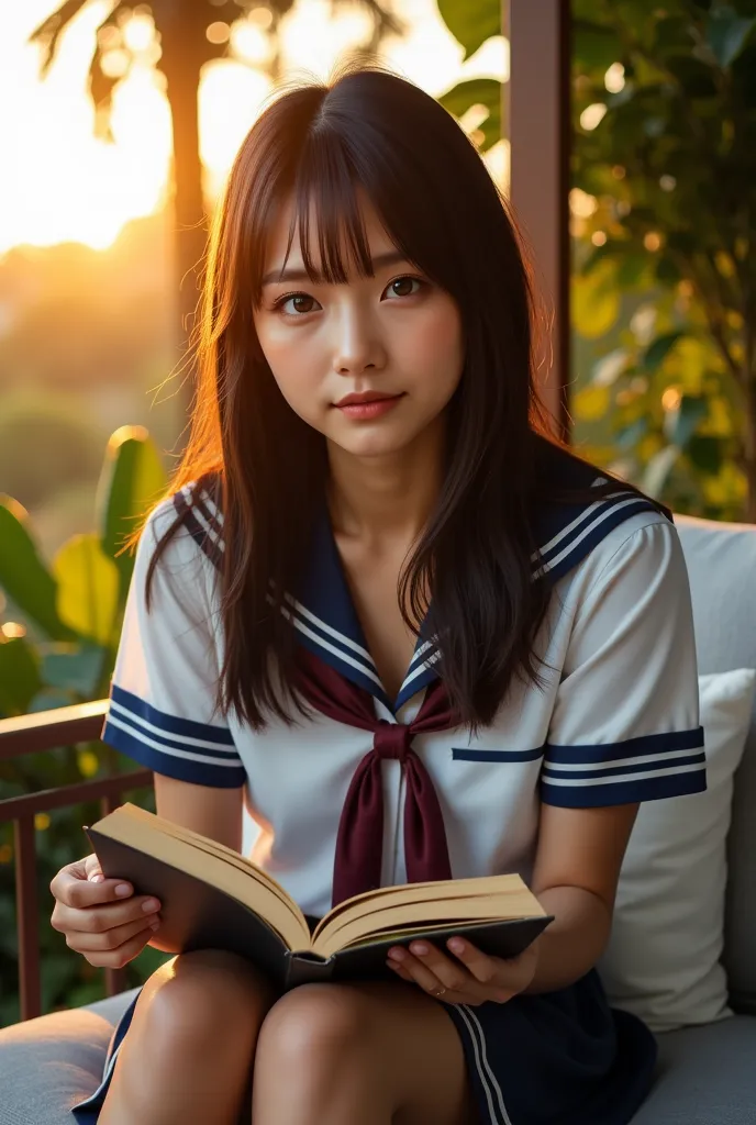 Tan brown-skinned Filipina-korean goth girl cute age girl,school uniform,couch,veranda,studying,sunset,photorealistic,intricate details,warm lighting,relaxed pose,focused expression,long hair,big eyes,soft skin,detailed uniform,meticulously rendered,lush f...