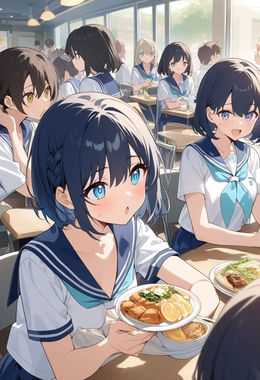 You are a professional illustrator。Please carefully check and draw the illustration according to the following conditions.。High school students enjoying their lunch in a crowded cafeteria、Delicate and beautiful anime face、Clear Eyes、Sailor suit、Braided sho...