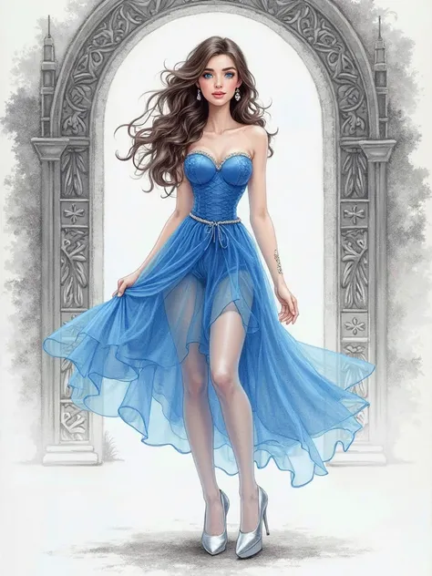 graphic pencil, clear drawing shading fine lines elegantly gracefully translucent elegant, very beautiful brunette girl with blue eyes seductive smile big bust in a blue dress patterned in silver tights, silver-heeled shoes against the background of round ...