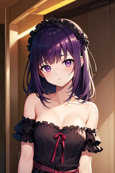 ( Masterpiece ), (Better quality), (superdetailed),( disheveled hair ),( illustration), (1girl), purple hair, girl deer furry,  strapless dress,  Off-Shoulder 、anime maid dress