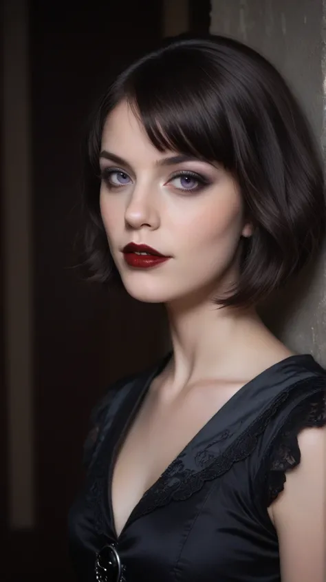 (High quality lines: 1.3), cinematic shot, masterpiece, (sharp focus: 1.5), (photorealistic: 1.3), average portrait of (a beautiful young vampire,  pale skin,  Gothic, still proud and fierce, Short black straight bob hair, dark look, Dressed in a dark and ...