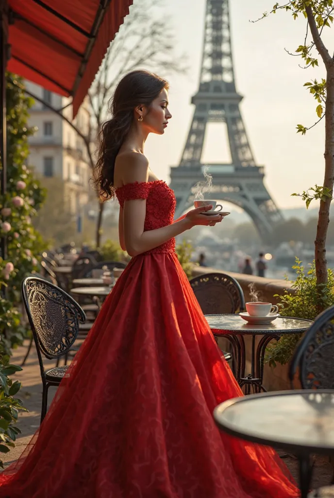 A young elegant tall sexy brunette in long red dress having breakfast in Paris 