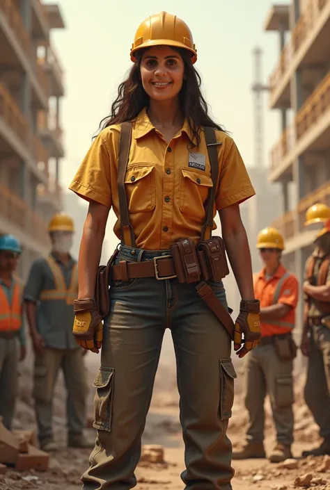  construction worker ,  Protector of all , smile surrounded by workers happy for her protection. She has an imposing pose and a satisfied smile