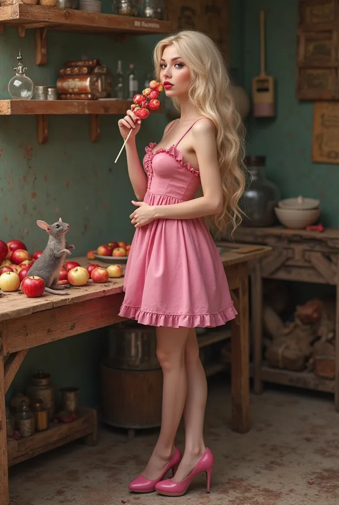 A Beautiful Real Looking Cocasion Woman, Ghotic make up,  Pale Skin,  Beautiful Blonde long lush hair,  stuning Pink sexy Dress ,Stepping on a Apple with her Stuning pink Shoes and squashing it to pieces, while eating her loly pop ,, Standing next to a Rus...