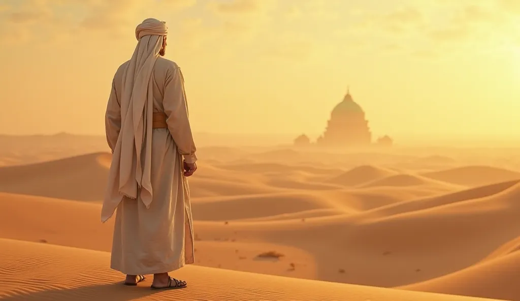 religious muslim man standing in the desert sand, back facing camera, detailed facial features, solemn expression, long white robe, turban, sandals, the green dome of the tomb barely visible, desert landscape, sand dunes, hot sun, hazy atmosphere, dramatic...