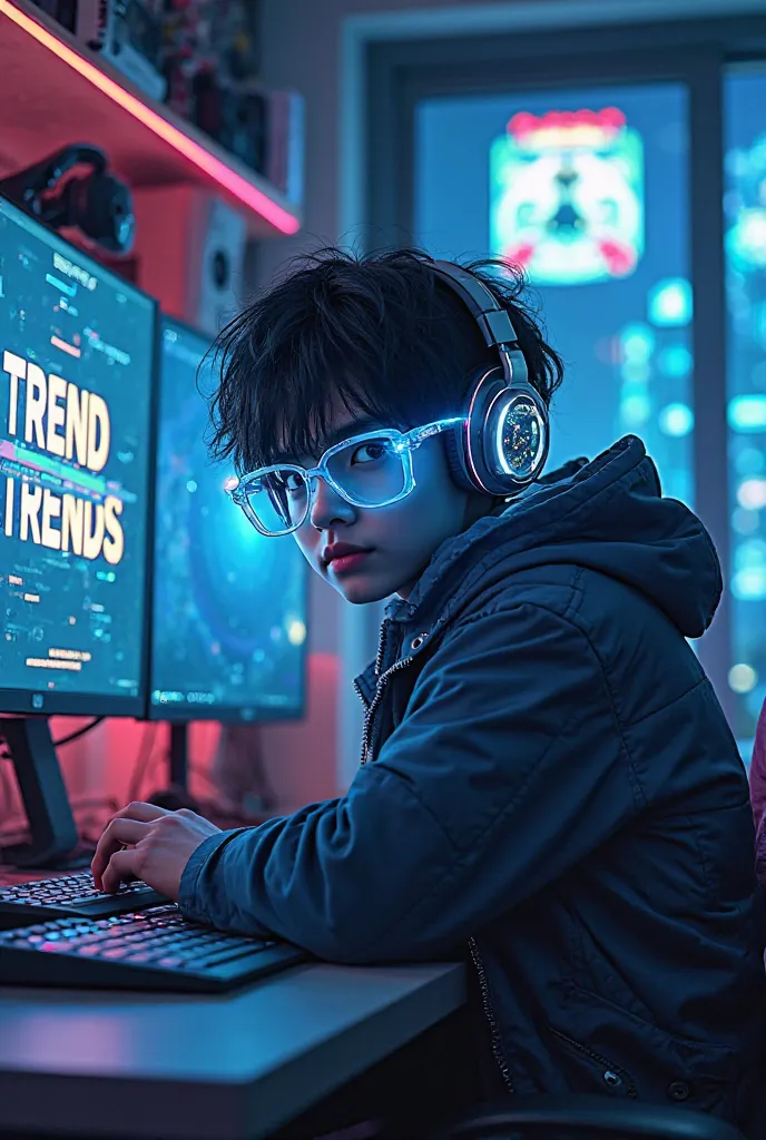 "Cyberpunk-themed artwork of Gojo Satoru wearing futuristic glowing headphones, sitting in a high-tech streaming studio. His eyes are visible (glowing blue, cursed energy effect) as he faces the camera. Behind him, a holographic computer screen floats with...