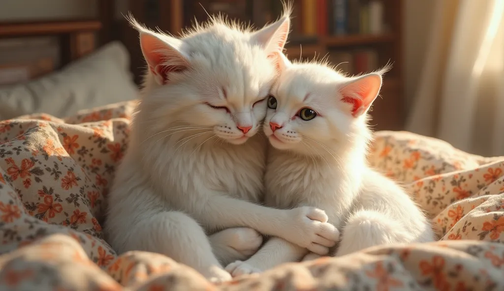 handsome tall big white muscular feline cat and a tall beautiful big white feline cat pretty with big eyes sitting on bed hugging each other as a happy couple wearing night pajamas set