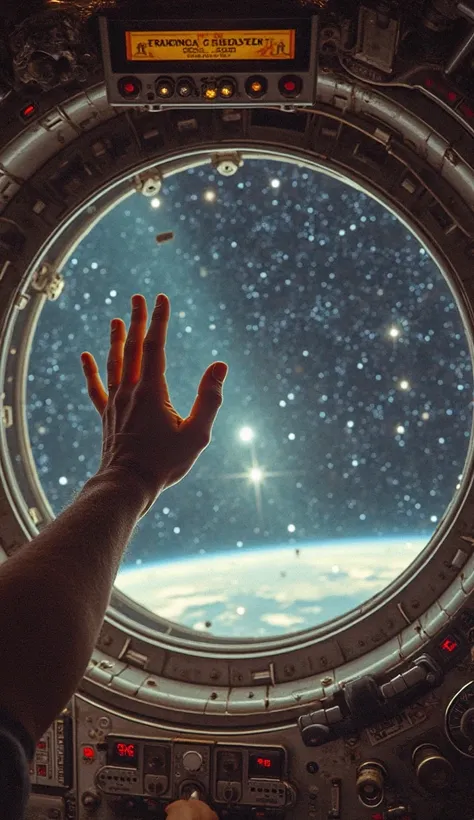 POV I'm an astronaut inside the Apollo 11 command module, watching your own hands float in the air without gravity. Small objects levitate around me, including a checklist attached by velcro. through the window, infinite space extends with stars shining on...