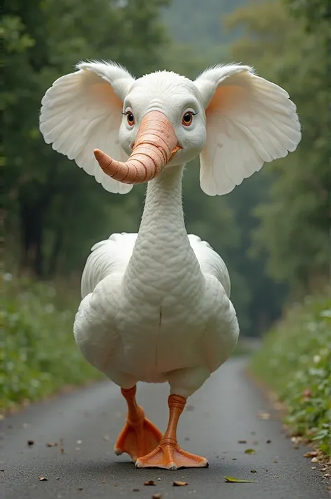 A goose with an elephant's trunk is walking along the road. real photos