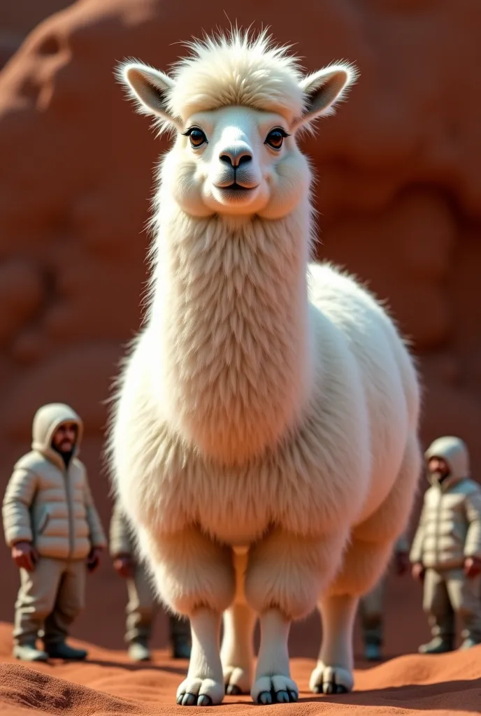 White Vicuna full of fur 4k looking at Lando in front of the camera on a red brown background, 4 background people admiring her