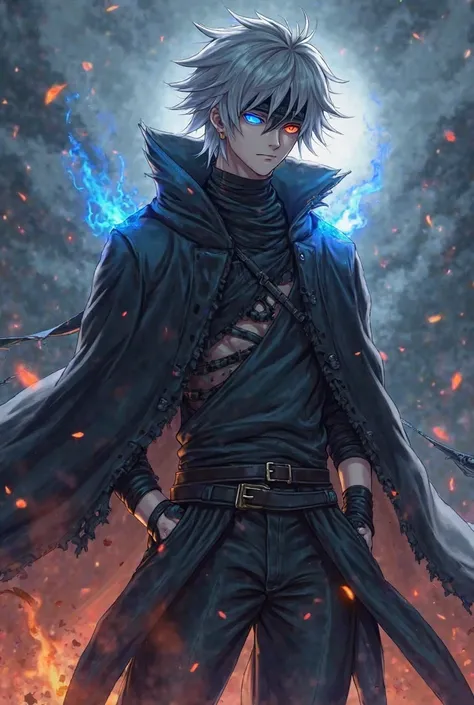 A highly detailed anime-style male warrior with a mix of Sasuke Uchiha, Gojo Satoru, Kakashi Hatake, and Sukuna’s personality. He has messy silver-black hair, one eye covered with a stylish mask or bandage, while the other eye glows with an intense aura. H...