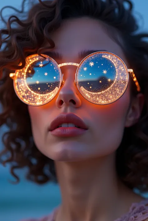 The model is wearing sunglasses with stars and the moon on the glass.