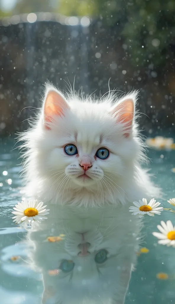 Baby cats bathing in a hot spring with floating flowers、 fluffy、long white hair、They have a good coat、gloss、 blue eyes、(Highest quality、super high quality、） gaze looking at camera 、A secret hot spring with clear air where fairies live，waterfall、crown、