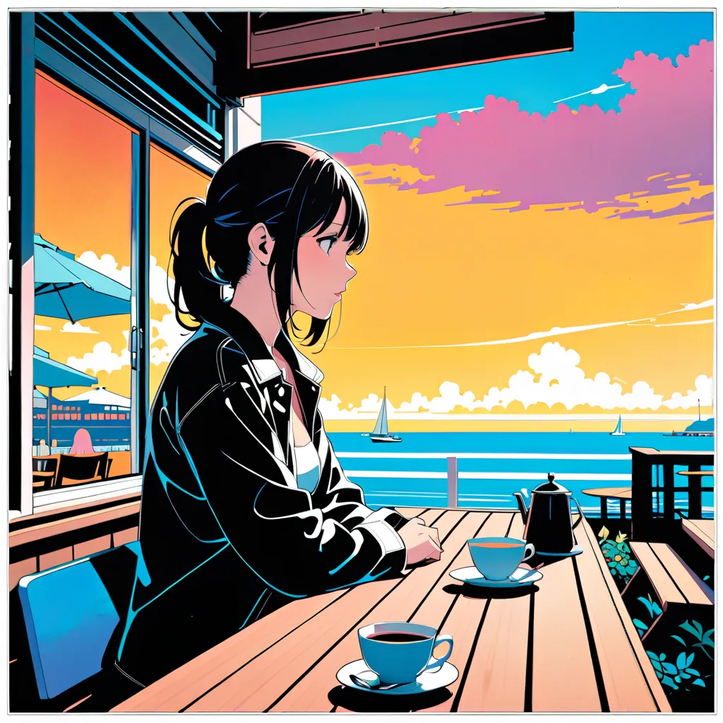 (masterpiece, best quality:1.1),90s record cover art,city-pop,title of the song is "end of winter",cafe,wood deck,girl's Profile,seaside, inspired by Hiroshi Nagai cmyk palette,illustration by Hisashi Eguchi,(white outline),