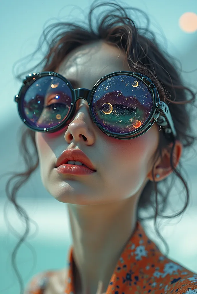 The model is wearing glass sunglasses with stars and the moon on the glass