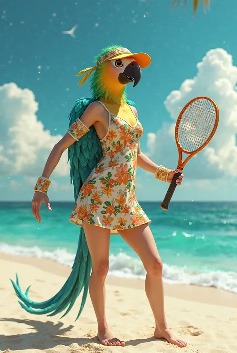 Create a female, humanoid parrot dressed as a beach tennis player, holding a sand tennis racket.