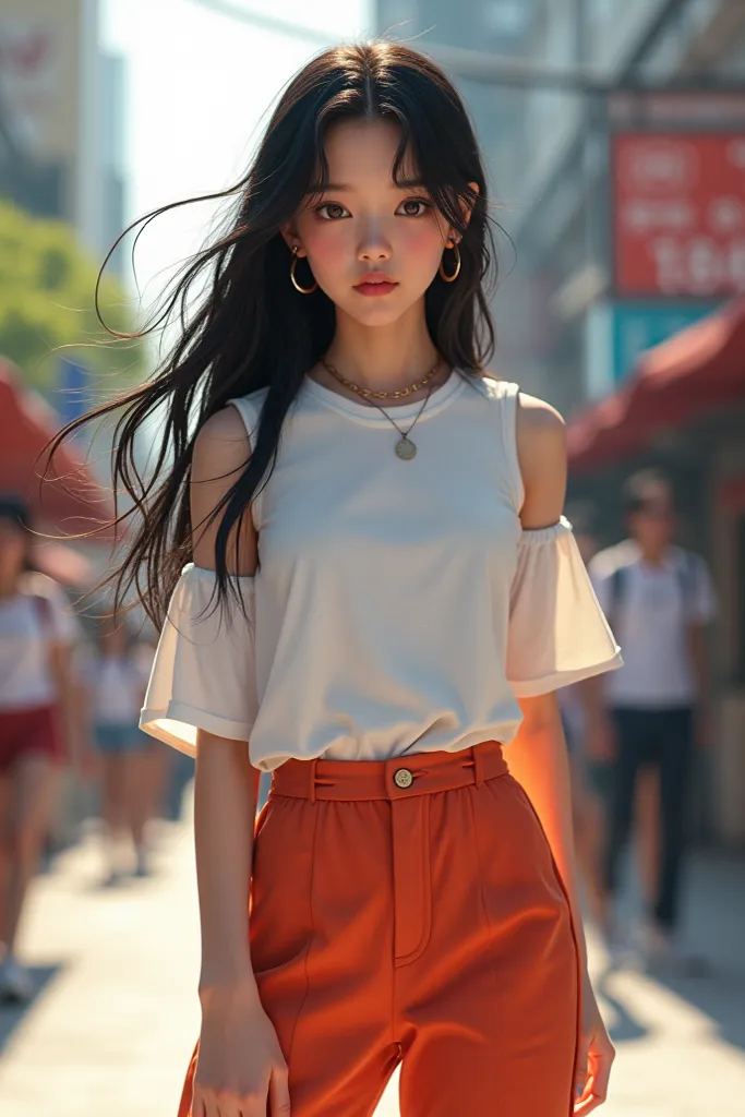 Create a young Asian girl wearing, with long black hair, brown eyes and a white cut sleeve t-shirt dress, Jinx flared pants and white converse