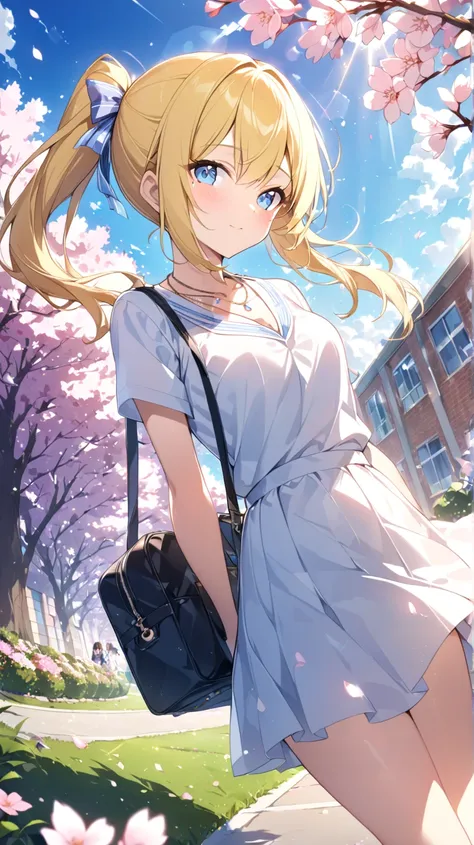 cherry blossoms、cherry blossoms吹雪、blue sky、sunlight filtering through the trees、 School Grounds 、School building、lawn、flower bed、1 girl,  blue eyes, yellow hair、Twin Ponytail、necklaces、 bag、How hair flutters in the wind、Dutch angle,  lens flare, background...