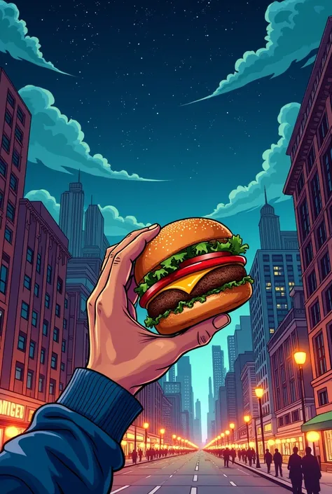 Show me man brown hand holding a burger, stars, night, clouds, sunset, comic book style, Manhattan street 