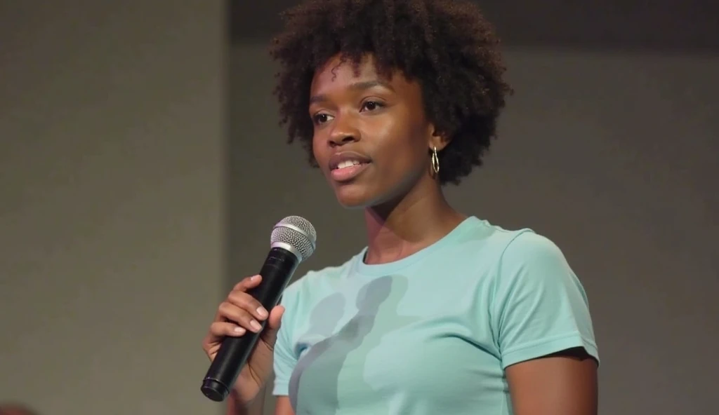 Evelyn, a 19-year-old African-American woman with short curly hair, stands confidently on stage, holding a microphone as she speaks. She is wearing a light blue T-shirt and small earrings, projecting a calm and clear demeanor. The background is a simple, n...