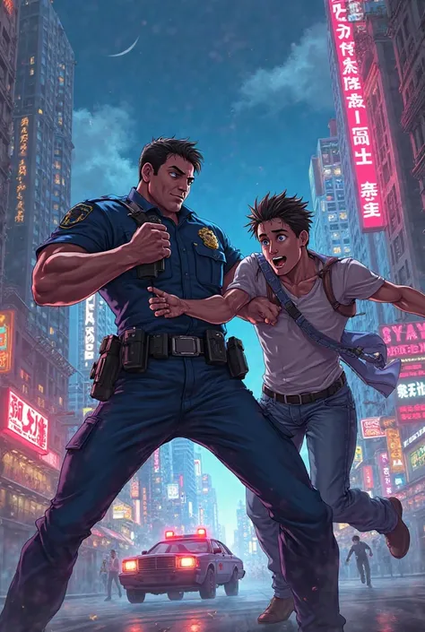 Create anime-style image of a policeman using force to capture a criminal in the city and a police patrol in the background 