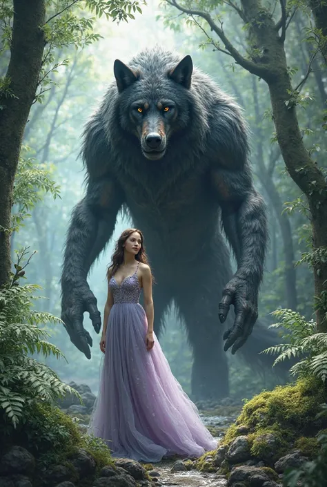 white woman with blue eyes in a lilac blue-eyed princess dress, 1.60 tall, next to a 2.10 tall werewolf with black hair and black eyes, tall in the middle of the forest