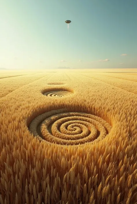 image in 4:3 format. The aliens created circles in the wheat field, one closer, the other behind and to the left. circles in the shape of a heart. Don't draw aliens.