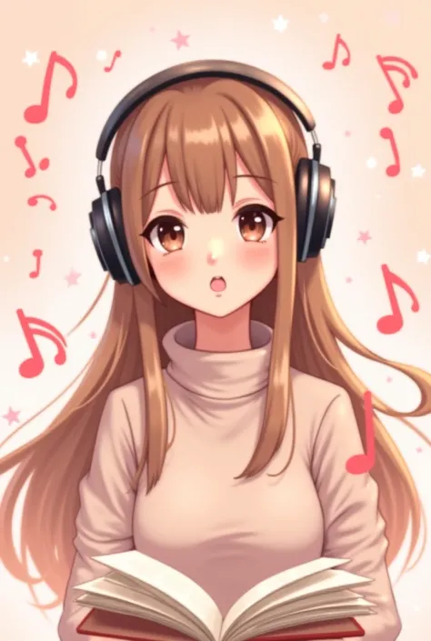 An art girl in soft pastel tones. She has long, light brown hair with a slight shine and brown eyes. She wears large, stylish headphones and playfully winks. Surrounding her are floating musical notes and open books, creating an atmosphere of inspiration. ...