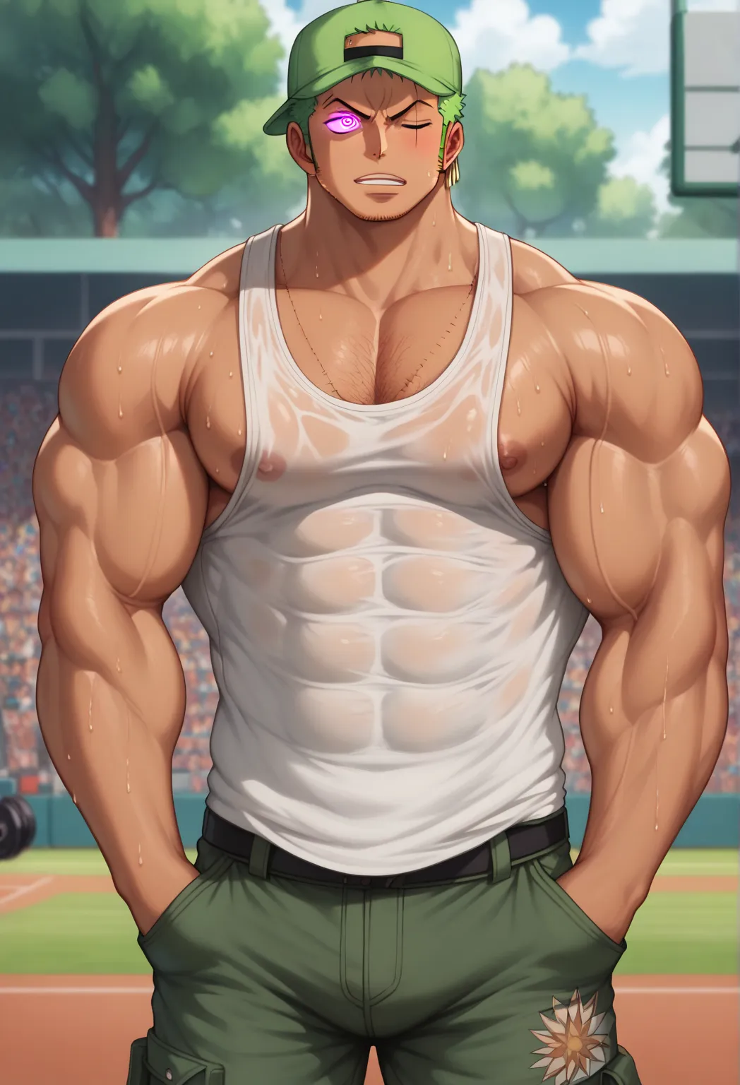 Roronoa Zoro, tanned skin, buzz cut, baseball cap backwards, tanktop, cargo pants, muscular, muscles, big biceps, broad shoulders, massive pecs, sweaty, hairy chest, glowing golden spiral in the eyes, blank expression, vacant stare, hypnotized, brainwashed...