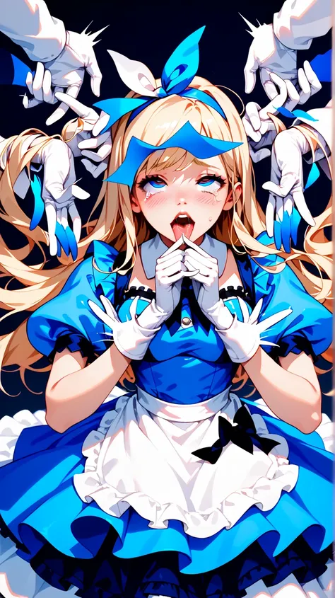 nsfw,  Alice in Wonderland, focus on girls, one girl, Alone, Front , full body,  ahegao, Many Hands,  white gloved hands , tickled by  white gloved hands , Multiple white gloves,Hand with white gloves touching a girl、hands with white gloves touching girls