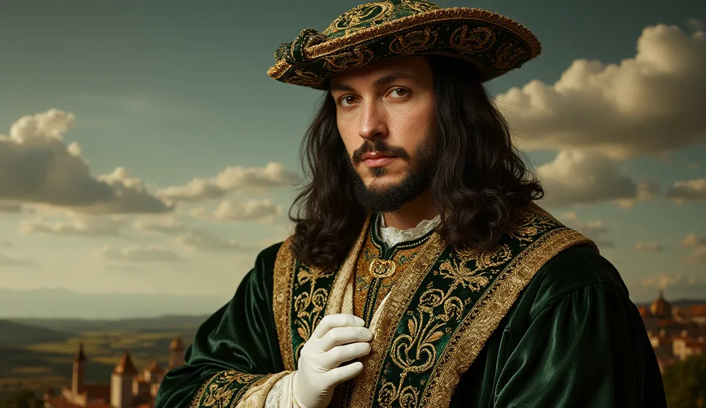 A highly detailed, realistic Renaissance-style portrait of a nobleman resembling Cesare Borgia. He wears a luxurious dark green and gold-trimmed robe with intricate embroidery, a matching Renaissance-style hat adorned with a golden emblem. His long, dark h...