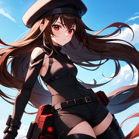 1 girl, Rapi (NIKKE),red eyes, long hair, brown hair, black beret, black combat suit, black short pants, red accent color, blue sky,