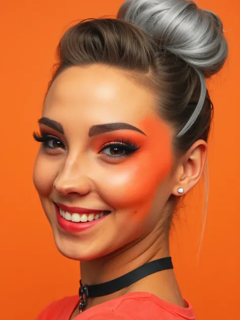 The girl laughs a lot, Bright orange makeup,  silver hair,  Hair bun, 