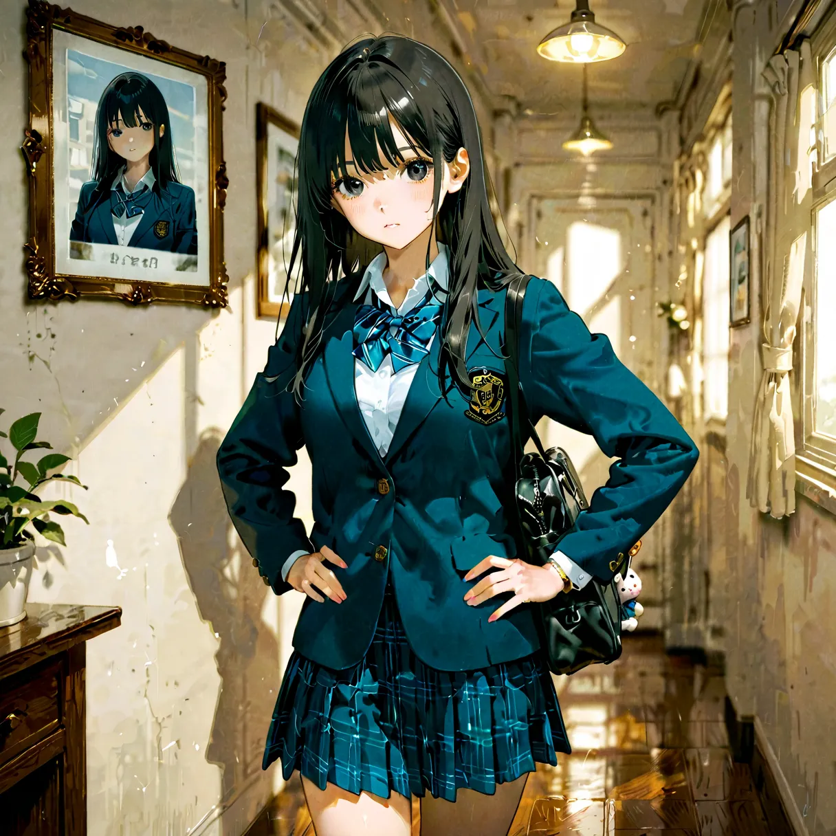 high school girl、uniform、long black hair、 standing picture