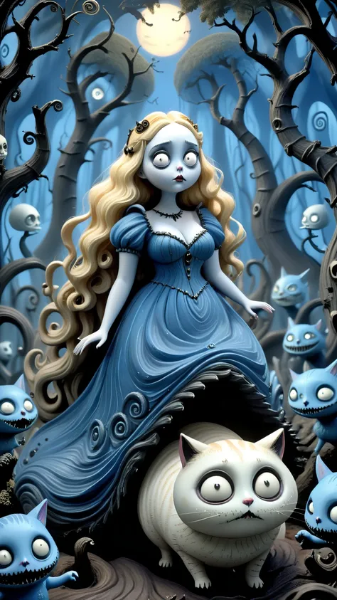 Young beautiful Chubby woman riding ona giant cat in Tim Burton-inspired woodland. Terrain is full of trees and peculiar creatures with big eyes and Burtonesque charm. Girl is voluptuous, has giant breasts, blonde long wavy hair, wearing blue dress , The w...