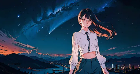 High quality, beautiful illustration of a beautiful woman in her twenties wearing revealing clothes and glasses standing coolly against a background of stars in the beautiful night sky and a distant urban nightscape. Shooting stars and the Milky Way are vi...