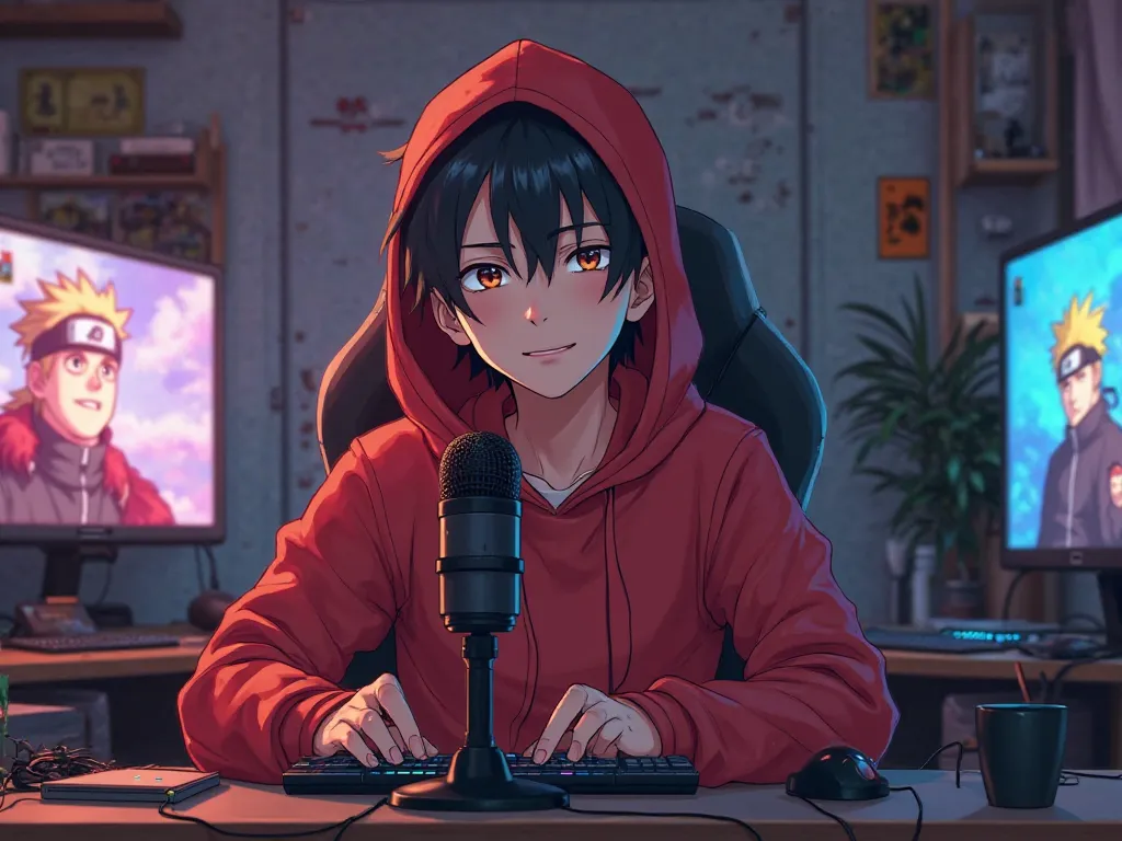 "Create a anime boy who have a  mature looking like a man facing in front  he is a  YouTube content creator, sitting in his studio with futuristic gadgets, and there is mic near him ,wearing red hoodie, smiling, and there is 2 posters of naruto in his room...