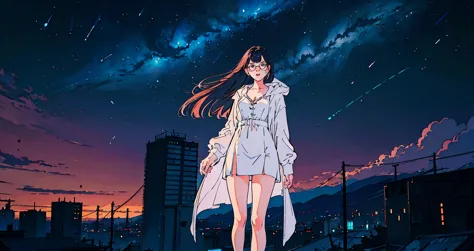 High quality, beautiful illustration of a beautiful woman in her twenties wearing revealing clothes and glasses standing coolly against a background of stars in the beautiful night sky and a distant urban nightscape. Shooting stars and the Milky Way are vi...