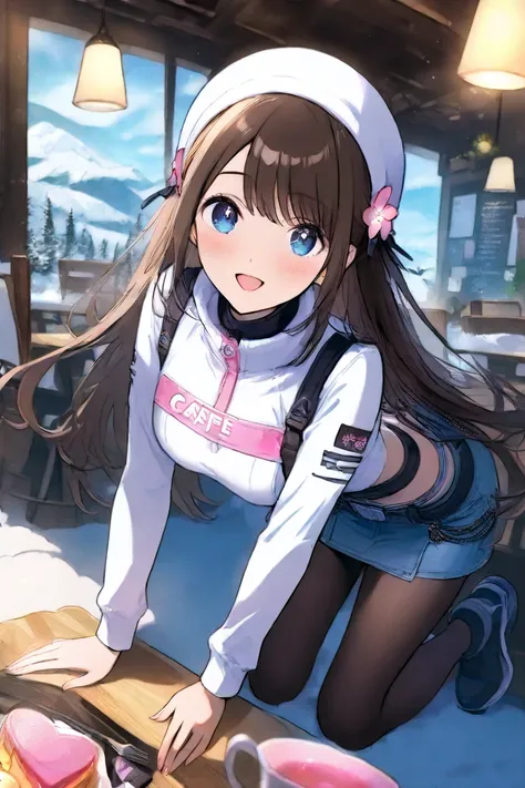  maid cafe 　long brown hair　  pink flower hair ornament  　 medium boobs when skiing　  pink heart 　 white shirt　denim hot pants　 black tights　