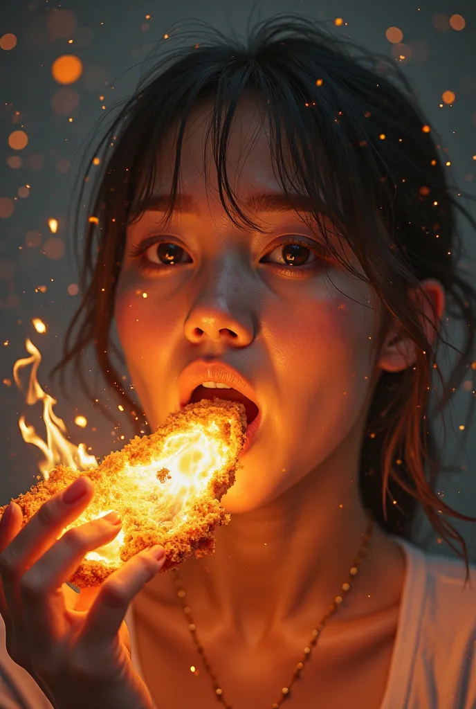 (masterpiece:1.2,Exceptional Quality,mirror-like,Cinematic Experience,Photorealistic:2.0,RAW Photos:2.0,Super detailed),8k,wallpaper, 
1 girl and spicy fried chicken, cute face, holding a half-eaten piece of fried chicken, breathing flames out of her mouth...