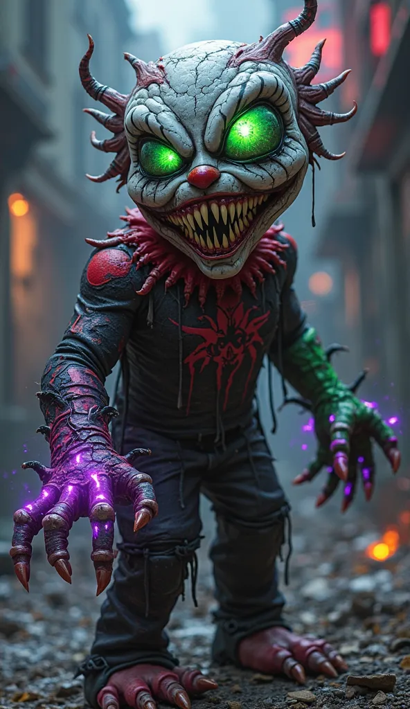 Create a monstrous hybrid of a young, acrobatic hero and a chaotic, clown-like villain. This being has a hauntingly eerie grin stretched across its pale, cracked skin, with jagged, sharp teeth. Its eyes glow ominously—one with an eerie neon green hue and t...