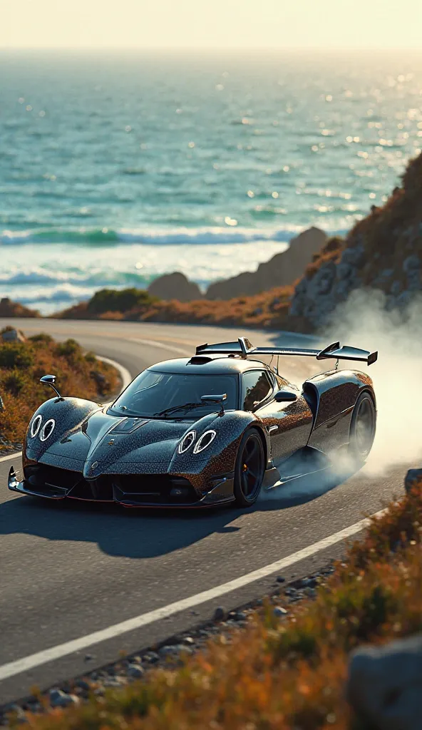 Pagani Codalunga drifting on a winding coastal road, turquoise ocean in the background. Dynamic angle, motion-blurred wheels, golden hour lighting. Photorealistic."  